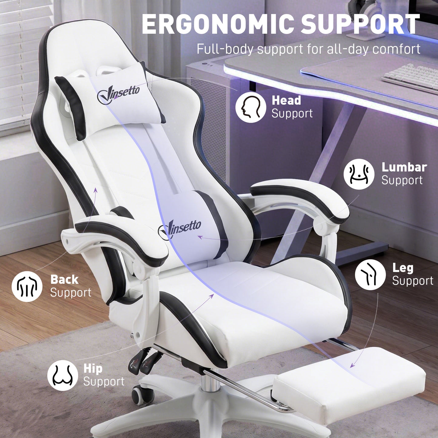 Gaming Chair, Computer Gamer Chair with Reclining High Back, Headrest, Lumbar Support, Footrest, Swivel Wheels, PU Leather