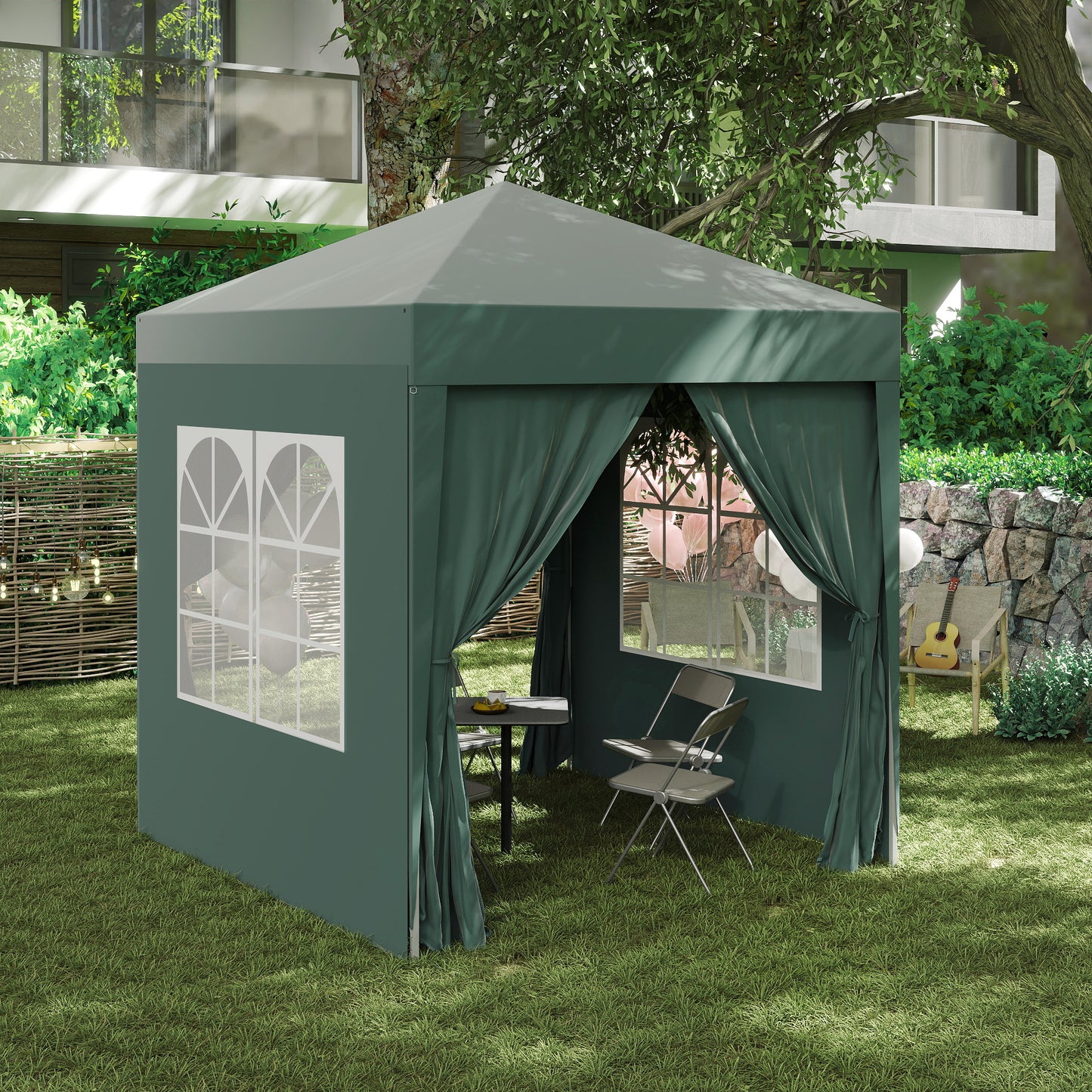 2 x 2 m Garden Pop Up Gazebo, Wedding Party Tent Marquee, Water Resistant Awning Canopy with Sidewalls, Windows, Carry Bag