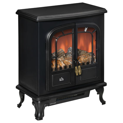 Electric Fireplace Stove Heater with LED Fire Flame Effect, Double Door, Freestanding & Portable with Overheat Protection