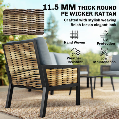 4 Seater Rattan Garden Furniture Set with 2 Armchairs, Loveseat, Coffee Table, Garden Sofa Set with Cushions, Grey