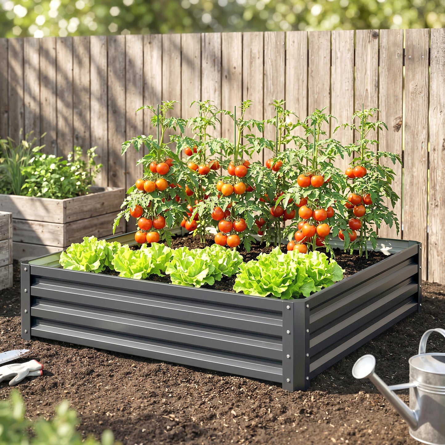 432L Square Raised Garden Bed Box Steel Frame for Vegetables, Flowers and Herbs, 120 x 120 x 30cm, Light Grey