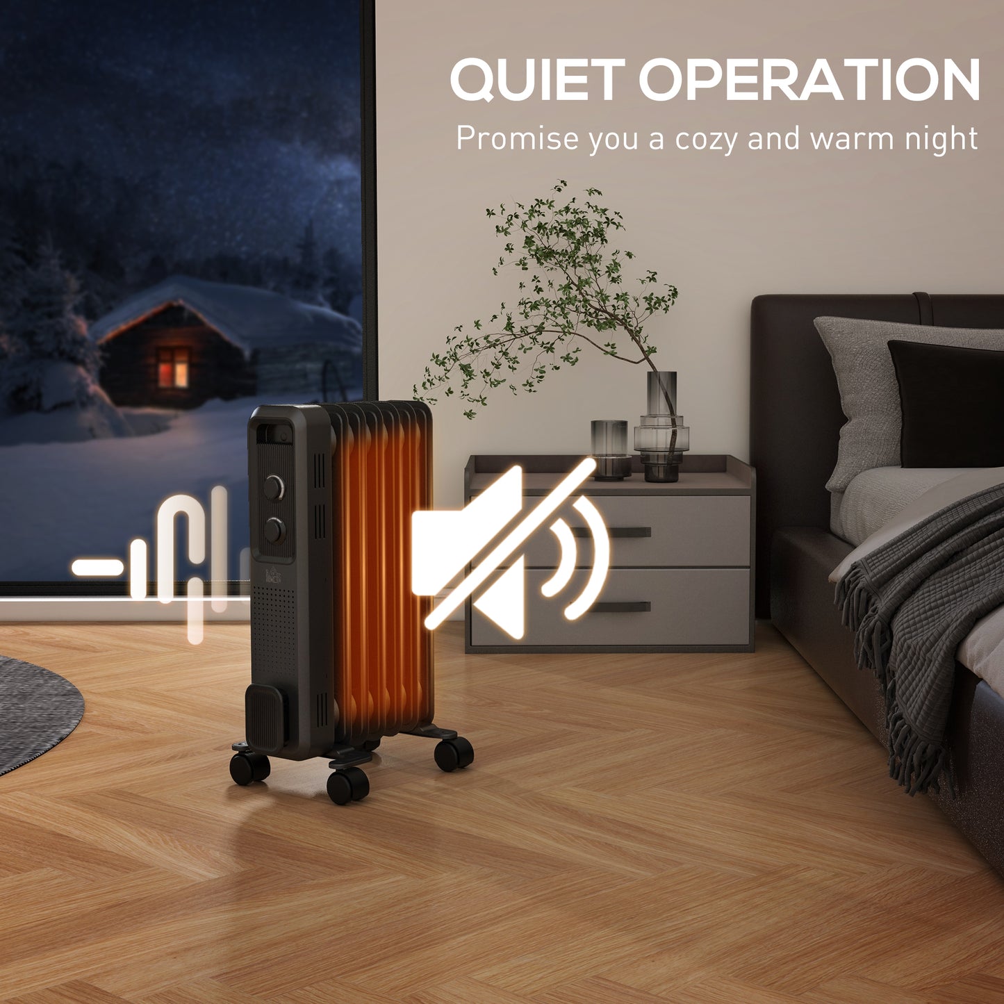 1500W Oil Filled Radiator, Portable Electric Heater with 3 Heat Settings, Safety Cut-Off and Wheels, Grey