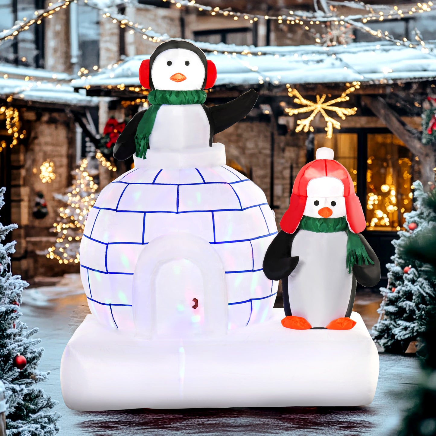 5ft Christmas Inflatable Two Penguins Wearing a Scarf with Ice House Blow Up Decor Home Indoors