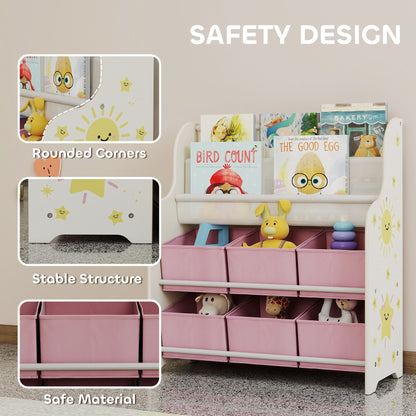 Kids Storage Unit, Toy Organiser with 6 Fabric Drawers and 2-Tier Sling Book Rack for Bedroom, Playroom, Nursery, Pink