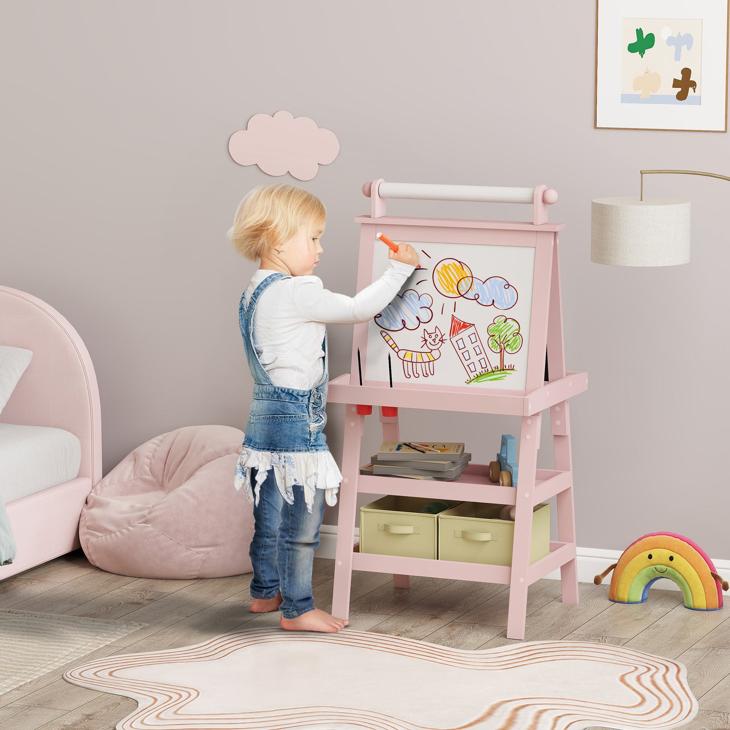 3 in 1 Kids Easel Double-Sided Magnetic Whiteboard and Chalkboard with Paper Roll, Storage Baskets - Pink