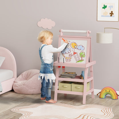 3 in 1 Kids Easel Double-Sided Magnetic Whiteboard and Chalkboard with Paper Roll, Storage Baskets - Pink