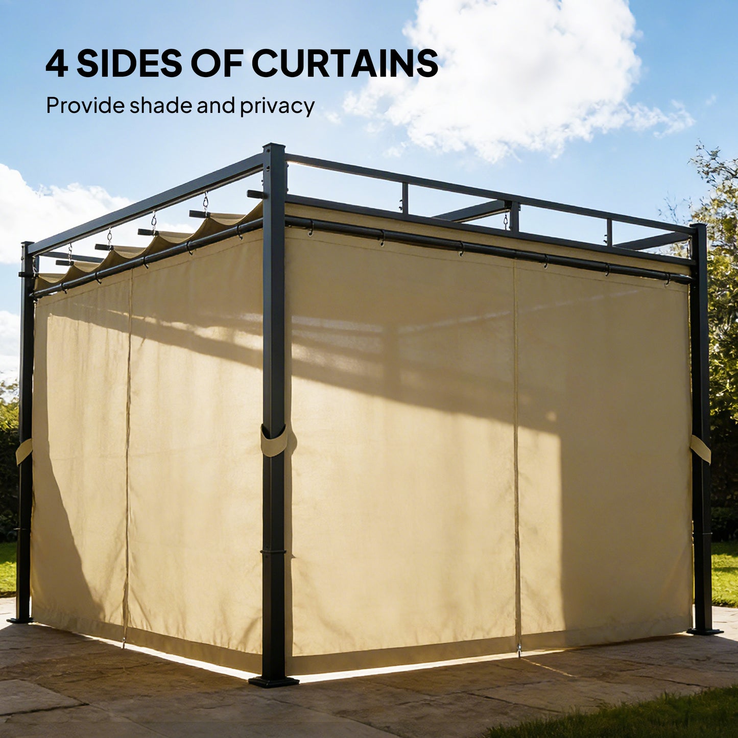 3 x 3 m Pergola with Retractable Roof Canopy and Curtains, UPF30+ Metal Frame Garden Pergola Gazebo Sun Shade, Khaki