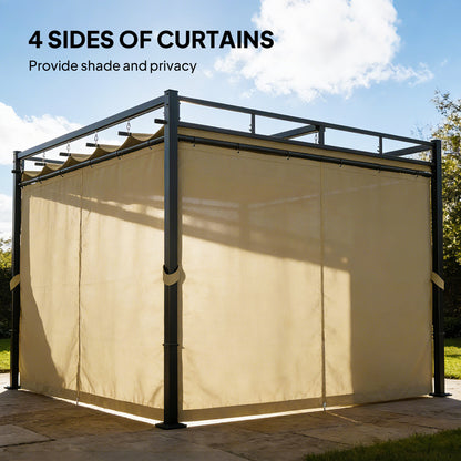 3 x 3 m Pergola with Retractable Roof Canopy and Curtains, UPF30+ Metal Frame Garden Pergola Gazebo Sun Shade, Khaki