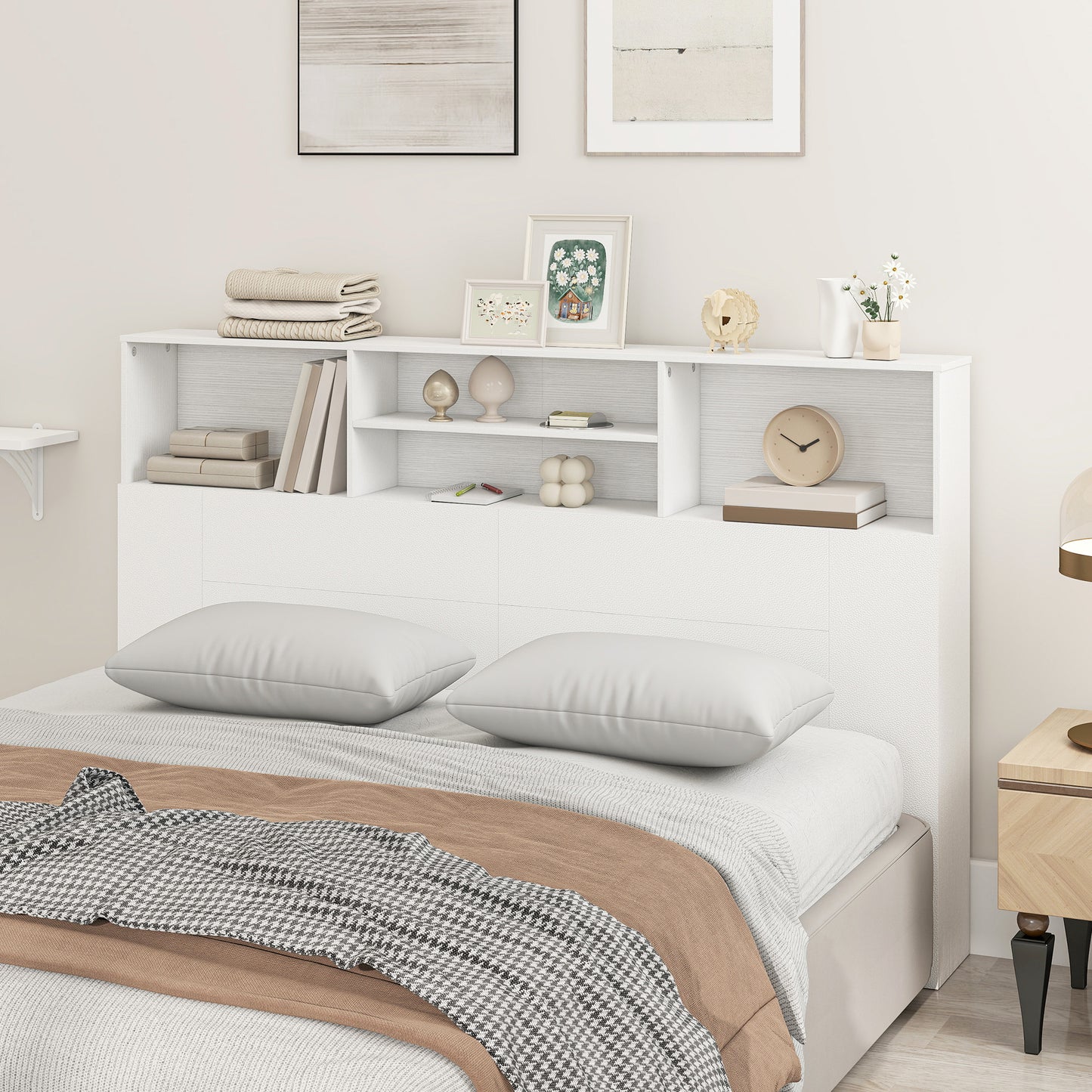King-Size Headboard with Storage, Freestanding Bed Headboard with 4 Open Compartments for Bedroom, White