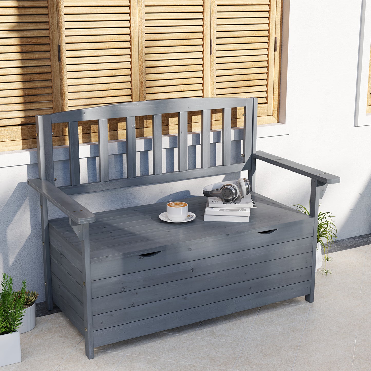 Outdoor 2 Seater Garden Bench, Wooden Bench with Storage, Backrest, Arm Rests, 112 x 84 x 58 cm, Grey
