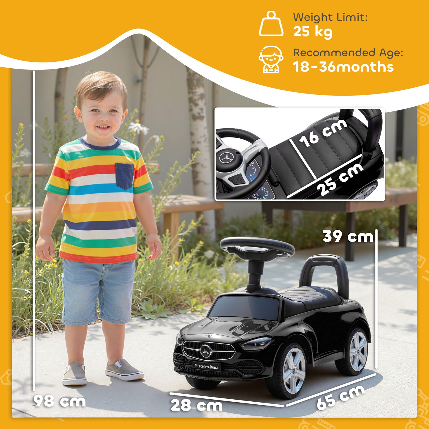 Official Mercedes-Benz Ride On Car, Foot to Floor Sliding Walker with Horn, Engine Sounds and Under-Seat Storage, Black