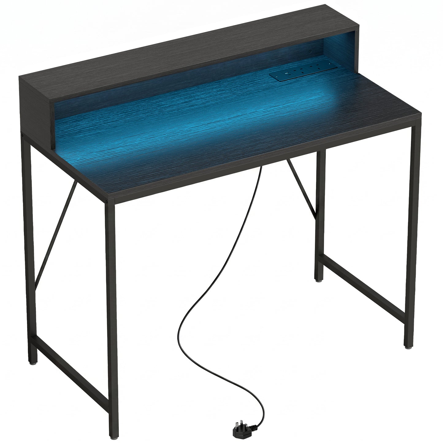 Gaming Desk, 100cm Computer Desk with LED Lights, Power Outlets, Monitor Stand and Remote, Black Wood-Effect