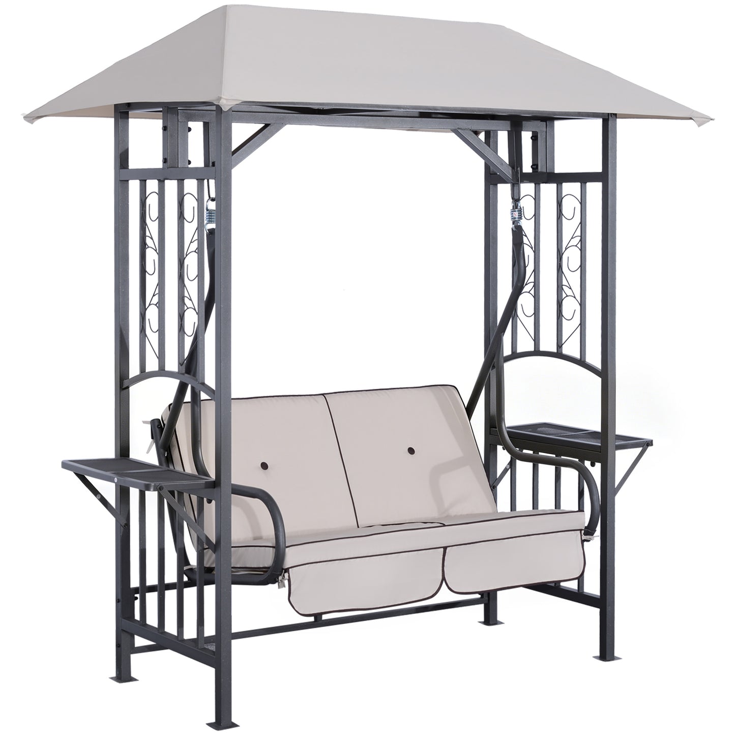Outdoor Garden 2 Seater Canopy Swing Chair Seat Porch Loveseat Vintage Hammock Cushioned Seat w/ Steel Frame and Side Drink P