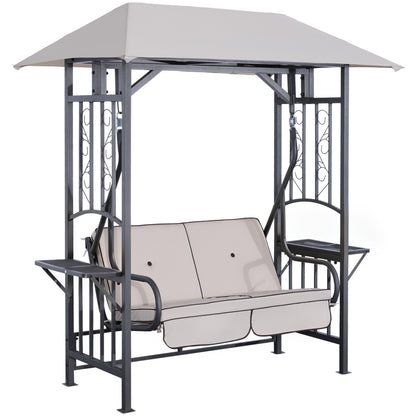 Outdoor Garden 2 Seater Canopy Swing Chair Seat Porch Loveseat Vintage Hammock Cushioned Seat w/ Steel Frame and Side Drink P