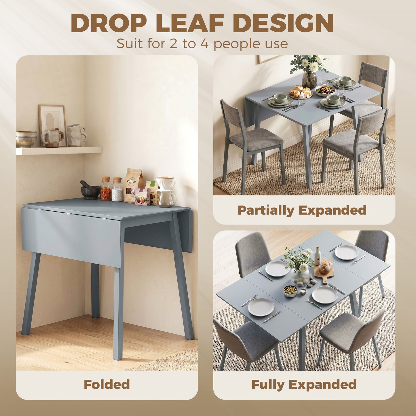 Solid Wood Folding Dining Table, Drop Leaf Table for 2-4 People, Rectangle Kitchen Table