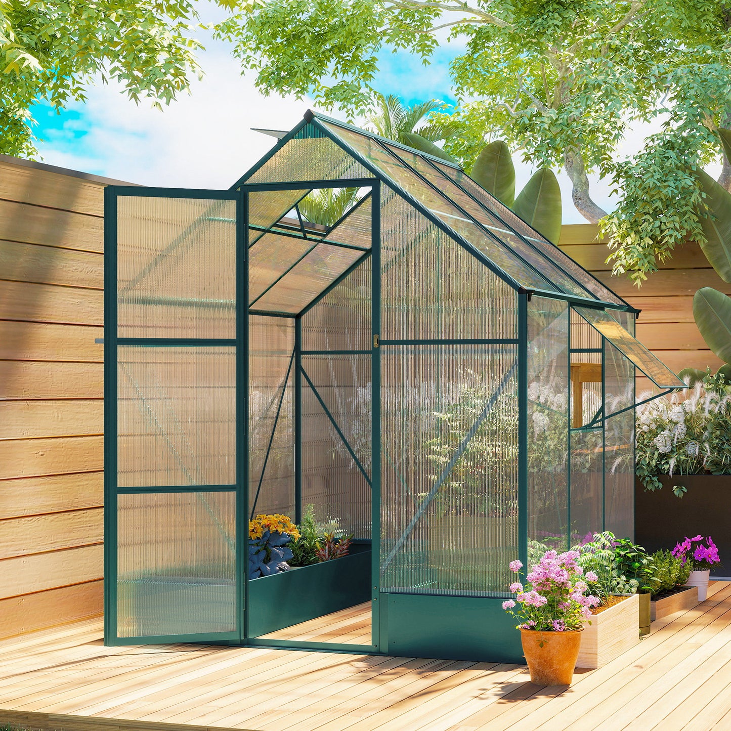 6x6 FT Polycarbonate Greenhouse with Base and Raised Bed, Walk-in Greenhouse with Aluminium Frame