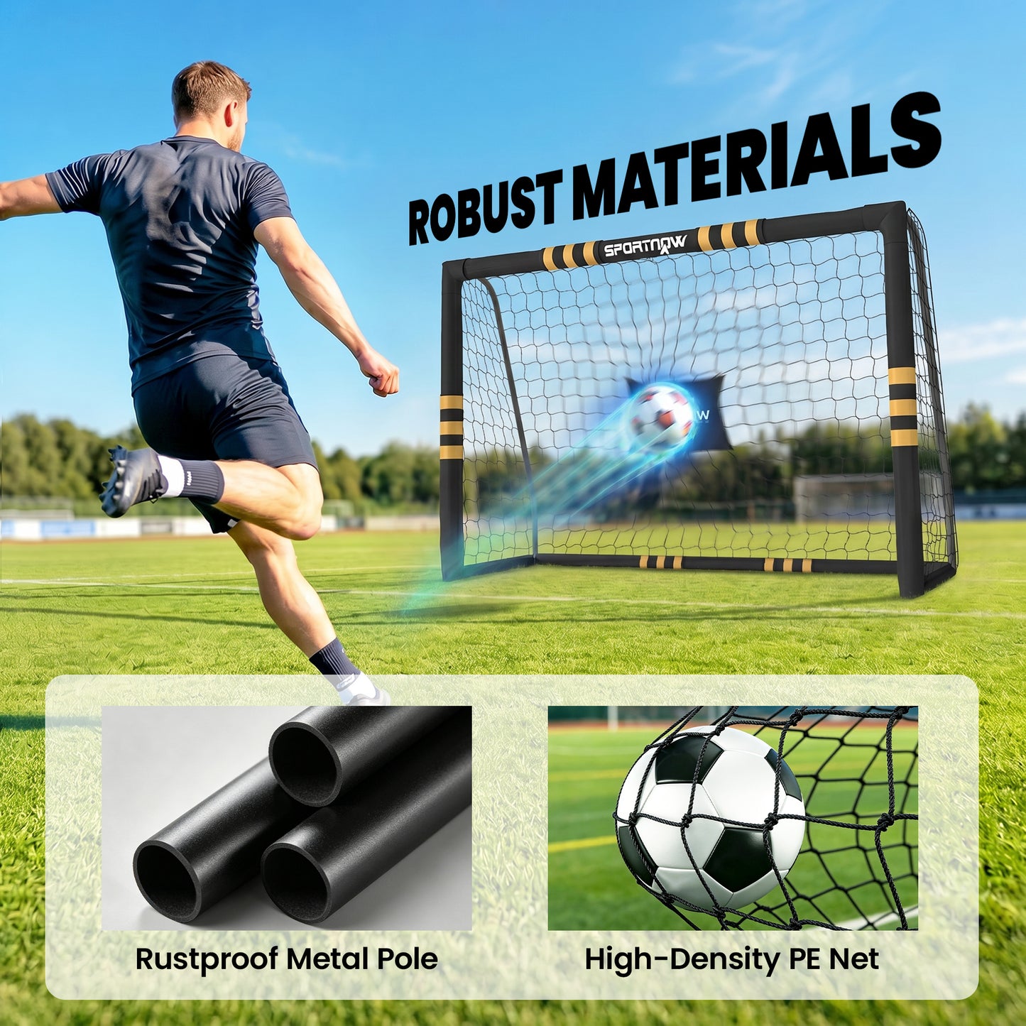 Football Goal, 8 x 5ft Portable Football Net with EPE Foam Padding, PVC Tube Covers Ground Stakes and Metal Frame