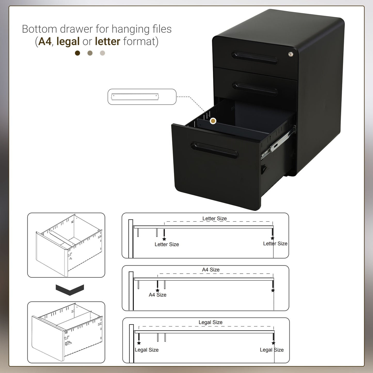 Lockable File Cabinet with 3 Drawers, Vertical Office Drawer for A4, Letter, Legal Size, Anti-tilt Design