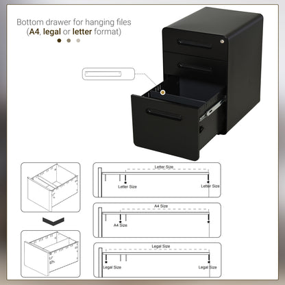 Lockable File Cabinet with 3 Drawers, Vertical Office Drawer for A4, Letter, Legal Size, Anti-tilt Design