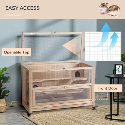 Wooden Hamster Cage, Mice Rodent Small Animals Kit Hutch, 3 Tiers Exercise Play House, with Wheels, Bottom Tray
