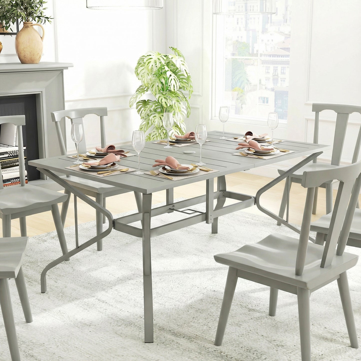 Rectangle Garden Table with Parasol Hole, Outdoor Dining Table for 6, Patio Table for Balcony, 150cm x 90cm, Light Grey
