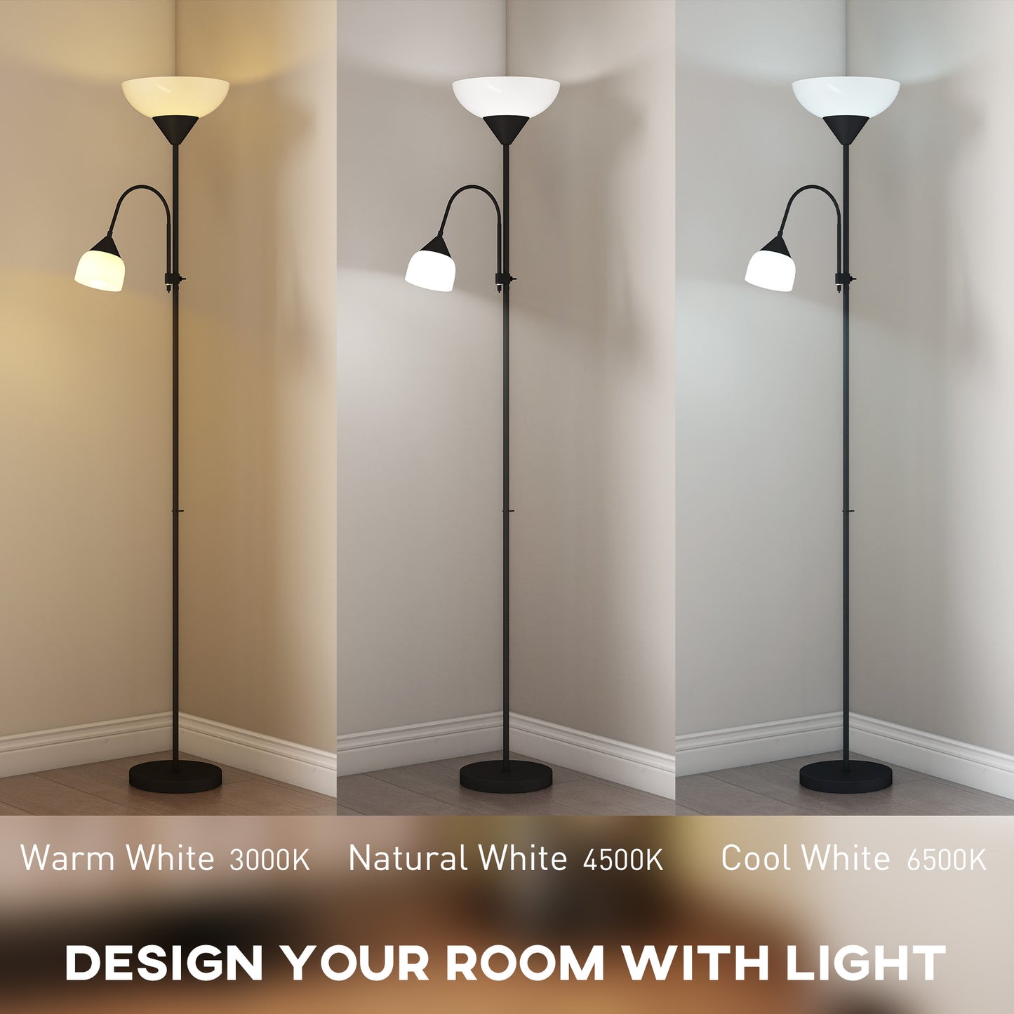 LED Floor Lamp 180cm Tall Standing Lamp with Adjustable Gooseneck, 3000K/4500K/6500K Colour Temperatures, Black