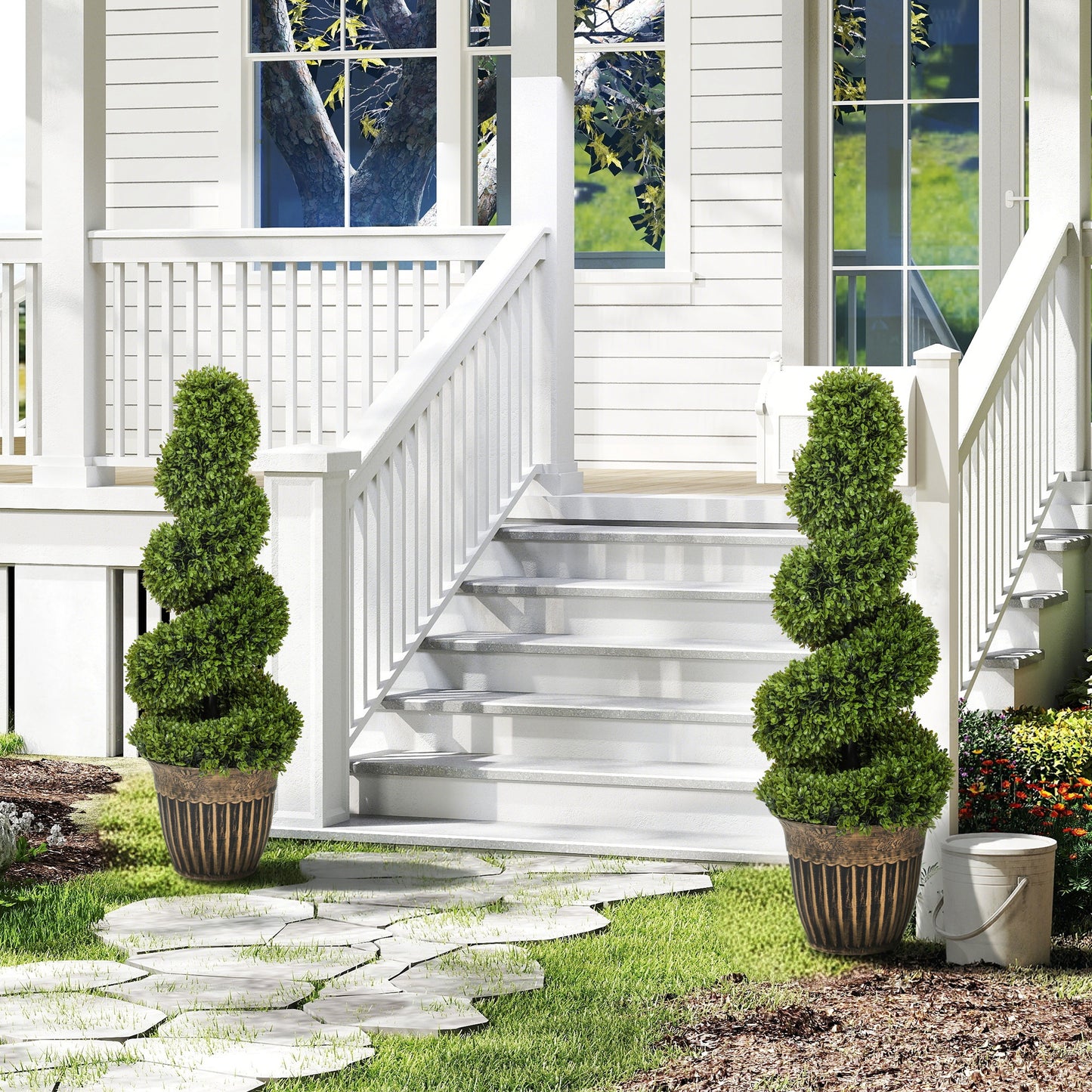 Set of 2 Artificial Plants, Topiary Spiral Boxwood Trees with Pot, for Home Indoor Outdoor Decor, 90cm