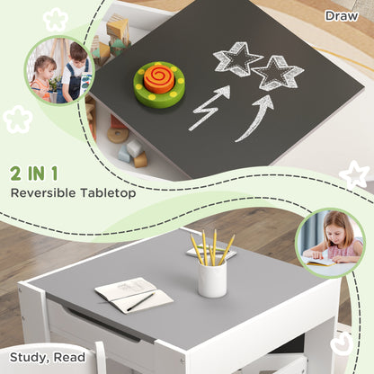 Three-Piece Kids Table and Chair Set with Blackboard, Storage, Bookshelves - Grey