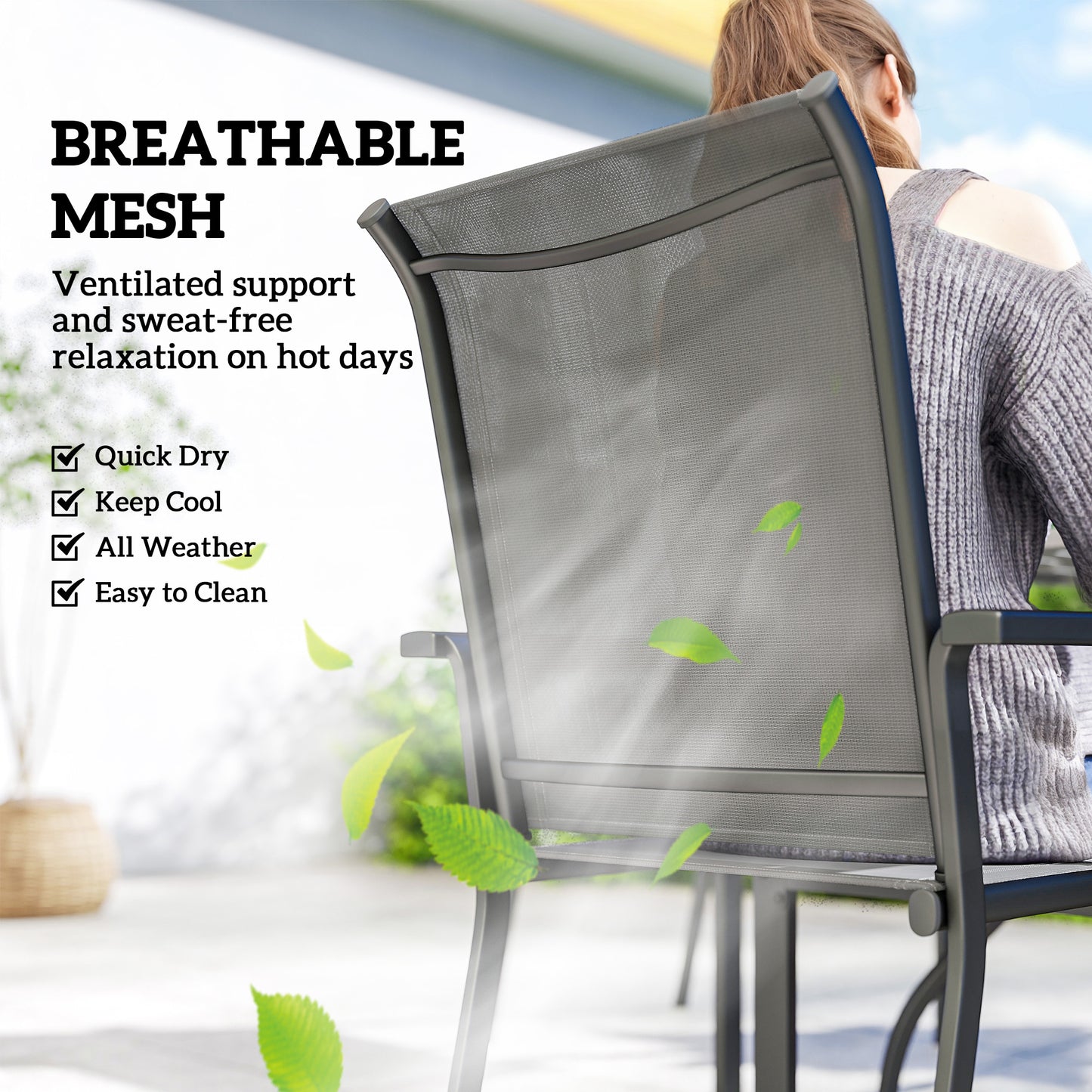 5 Pieces Outdoor Dining Set for 4, Garden Table and Stackable Chairs with Breathable Mesh Seat and Parasol Hole, Grey