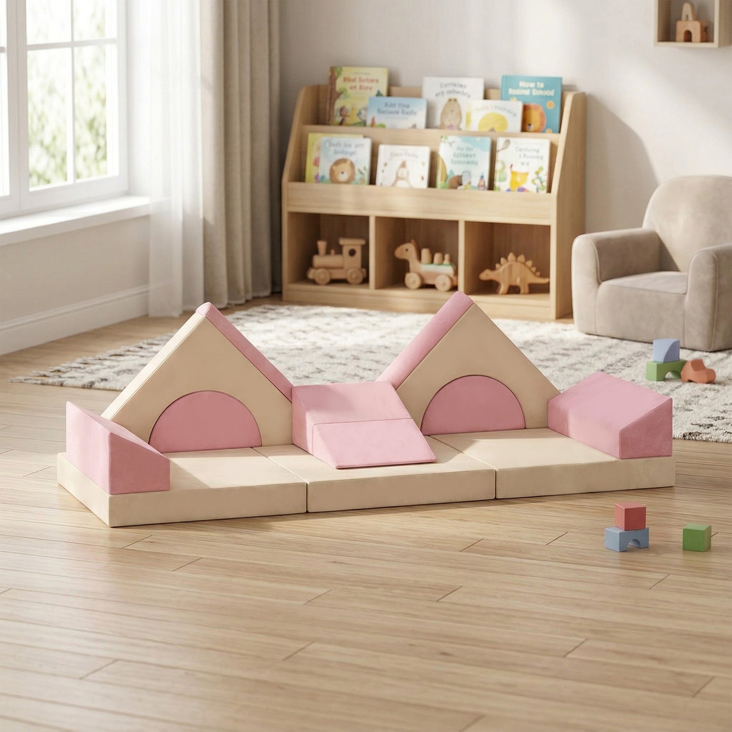 Kids Play Sofa, 12 Pieces Foam Modular Soft Play Set for Playroom, Children Convertible Sofa for Boys and Girls, Pink