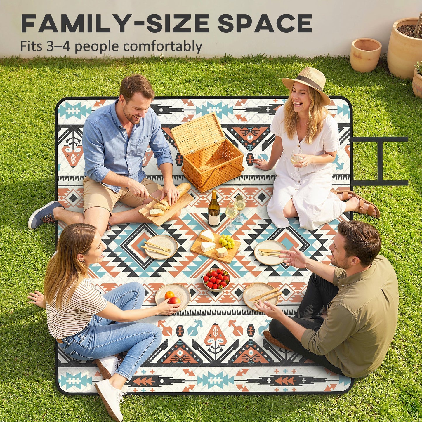 Picnic Blanket, 200x200CM Large Beach Blanket Outdoor Picnic Mat with Integrated Strap for Camping, Mix-Colour