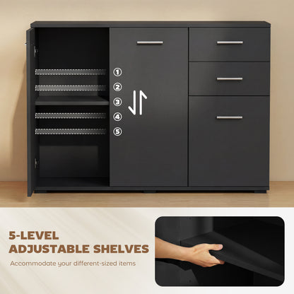 Sideboard, Modern Storage Cabinet with 2 Drawers, 3 Doors and Adjustable Shelves, Black