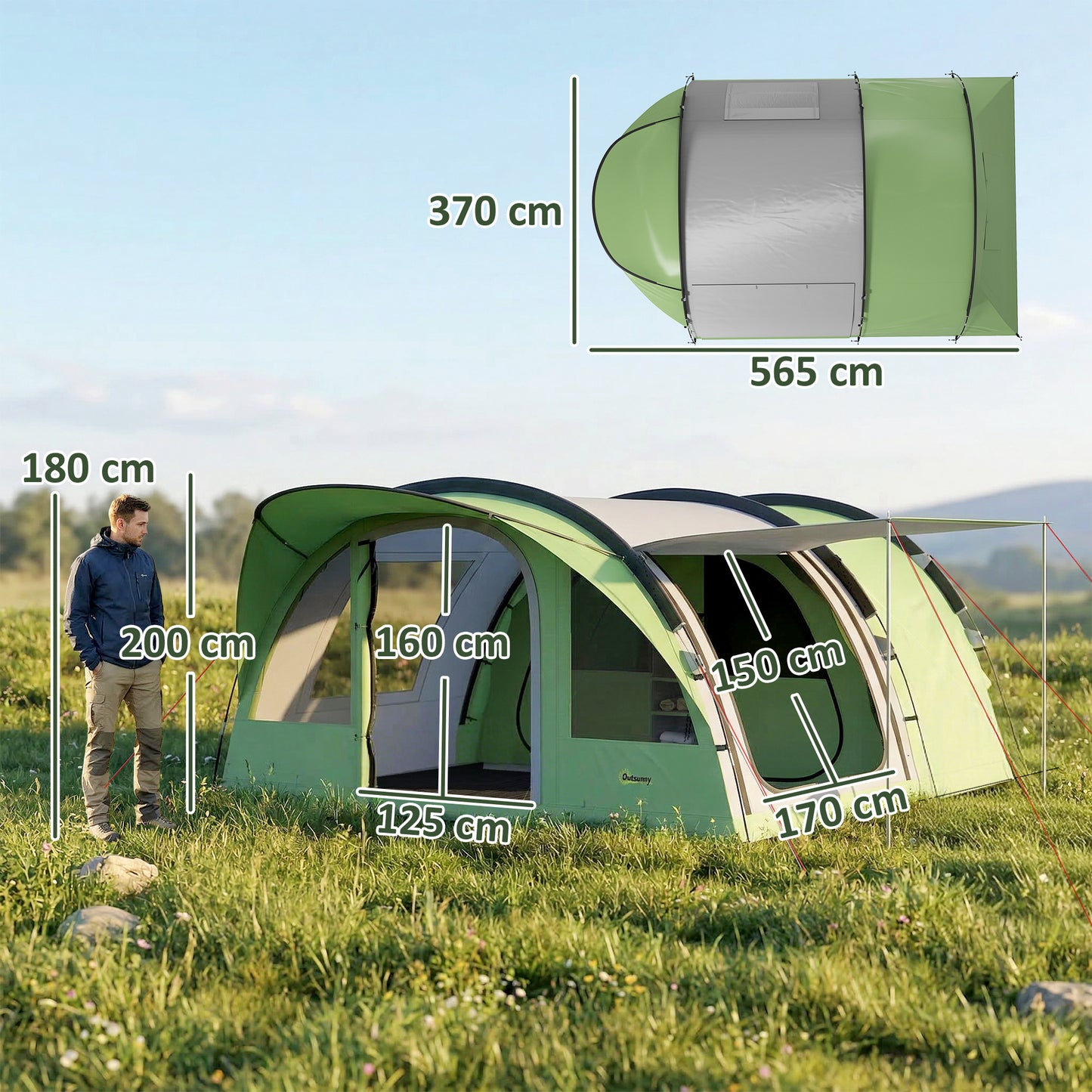 4 Person Easy Setup Family Camping Tent with 2 Rooms, Waterproof Tunnel Tent w/ Sewn In Groundsheet, Green & Grey