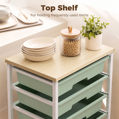 6-Tier Storage Trolley on Wheels, Metal Kitchen Rolling Cart with 5 Pull-Out Drawers, Green