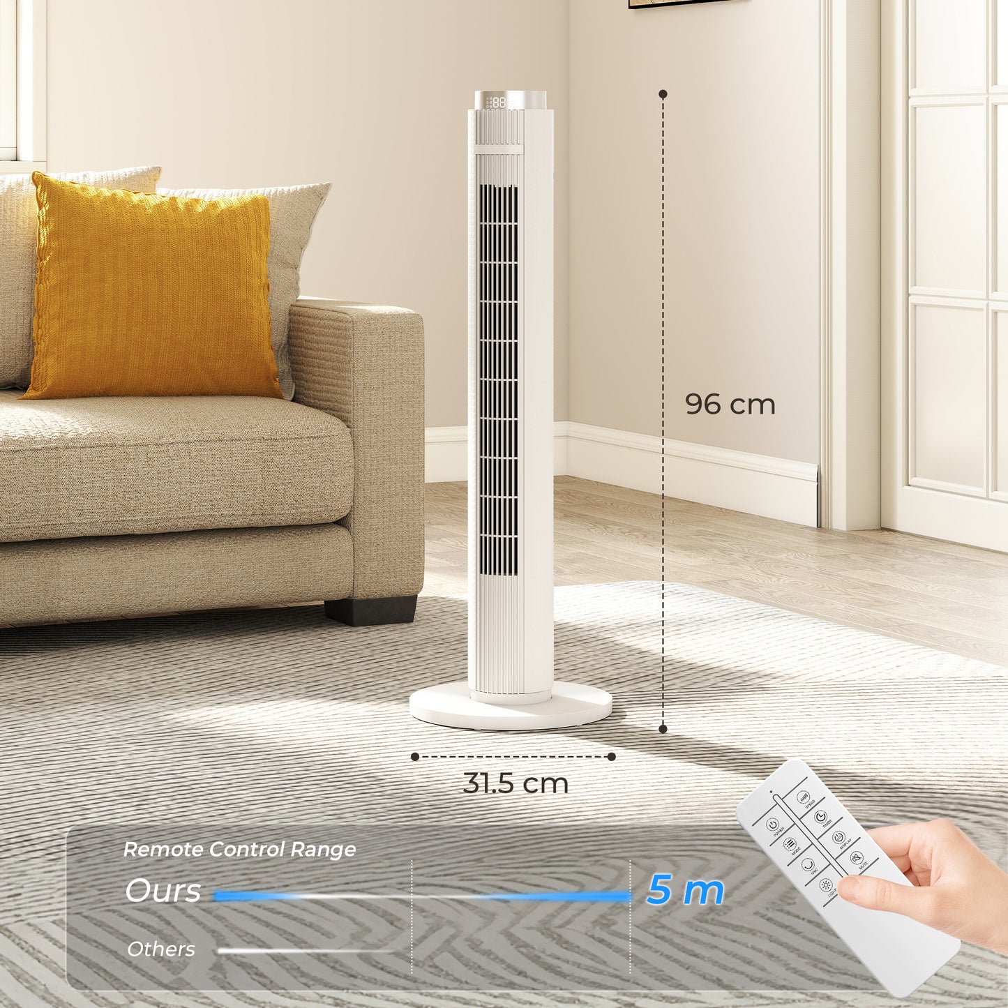96 cm Tower Fan with WiFi App Control, Standing Floor Fan with 3 Speed 4 Modes, 12 Hour Timer and Night Light White