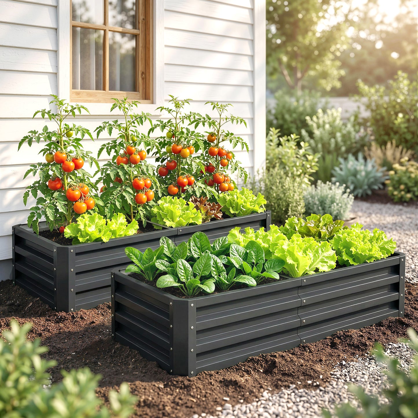 Set of 2 Raised Beds for Garden, Galvanised Outdoor Planters for Herbs Vegetables, Use for Patio Balcony, Grey