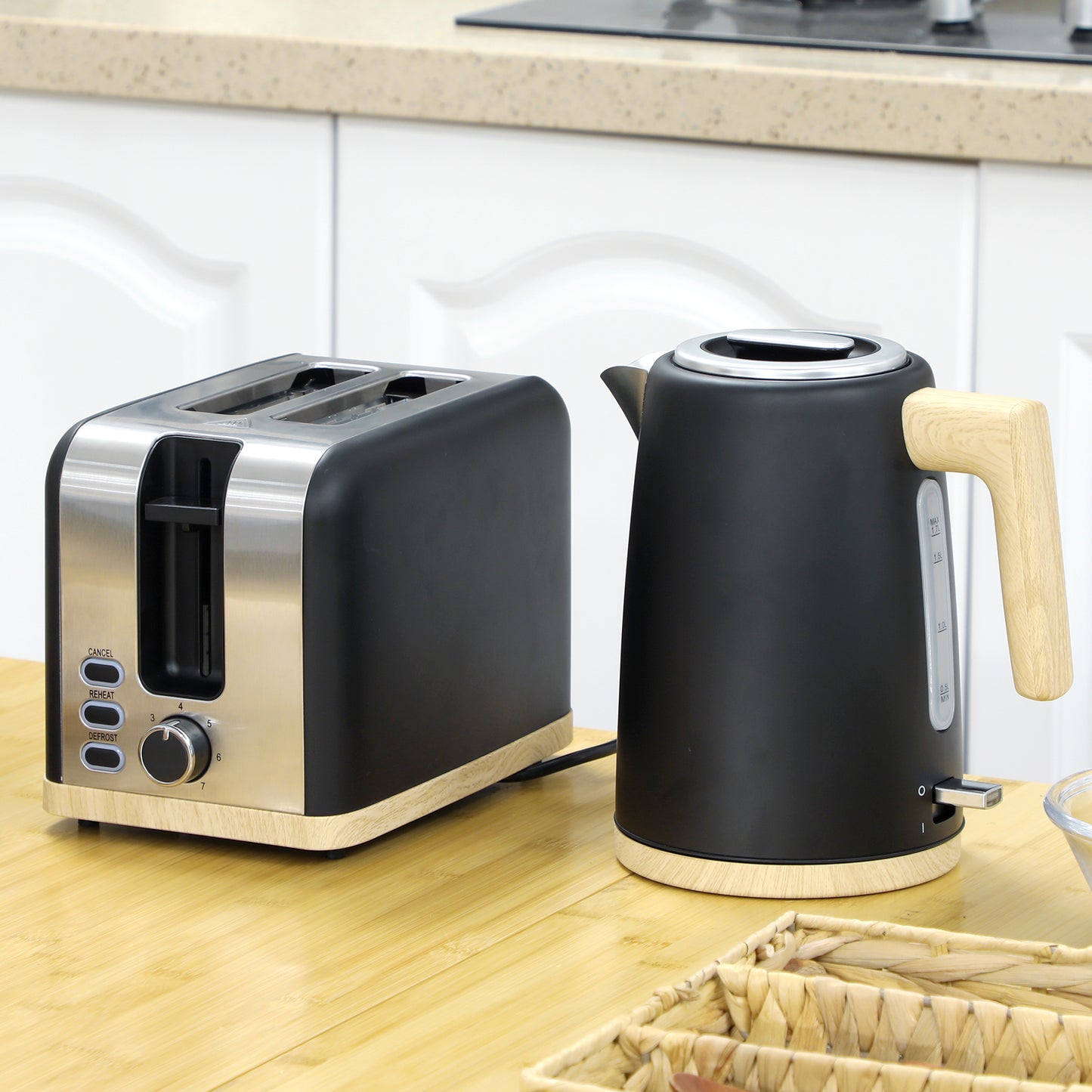 Stainless Steel Kettle and Toaster Set, 1.7L 3000W Fast Boil Kettle & 2 Slice Toaster Kitchen Set