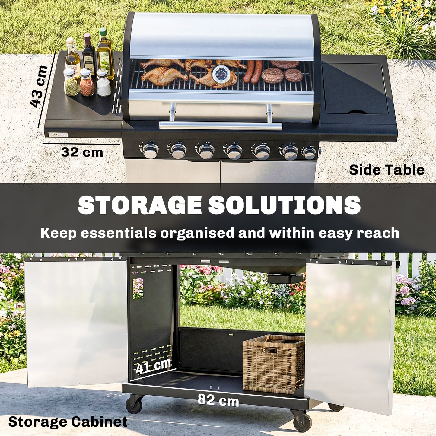 6+1 Burner Gas BBQ Grill, Outdoor Barbecue Trolley with Wheels, Warming Rack, Thermometer, Bottle Opener, Silver Tone