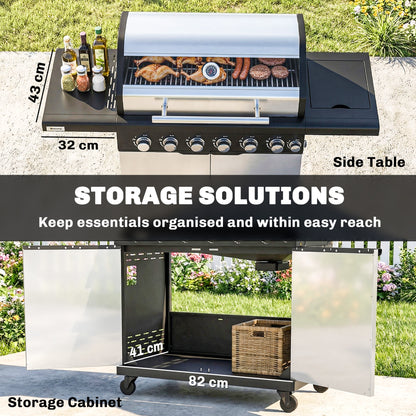 6+1 Burner Gas BBQ Grill, Outdoor Barbecue Trolley with Wheels, Warming Rack, Thermometer, Bottle Opener, Silver Tone