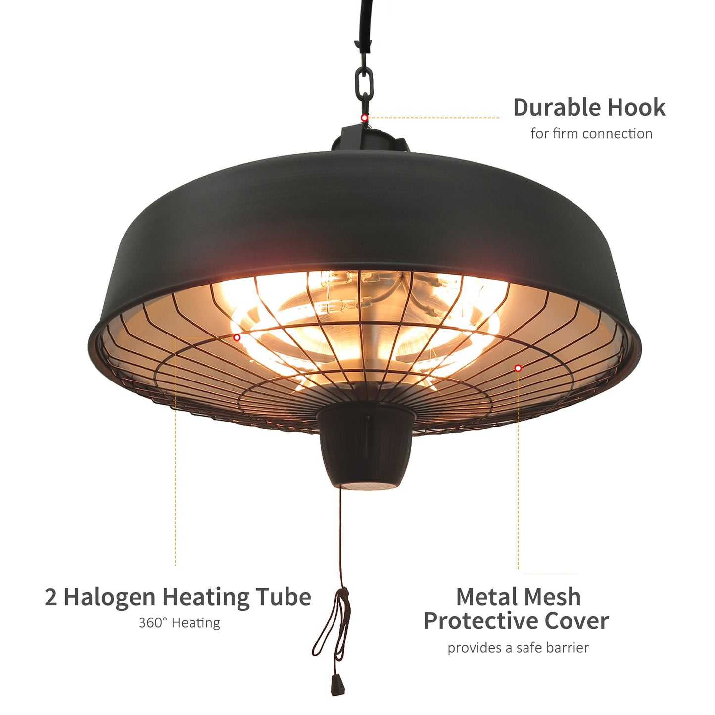 Adjustable Power 1000/2500W Infrared Halogen Electric Patio Light Heater, Ceiling Hanging Mount -Black