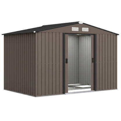 9 x 6ft Metal Garden Shed, Outdoor Storage Tool House with Ventilation Slots, Foundation Kit and Lockable Double Doors, Brown