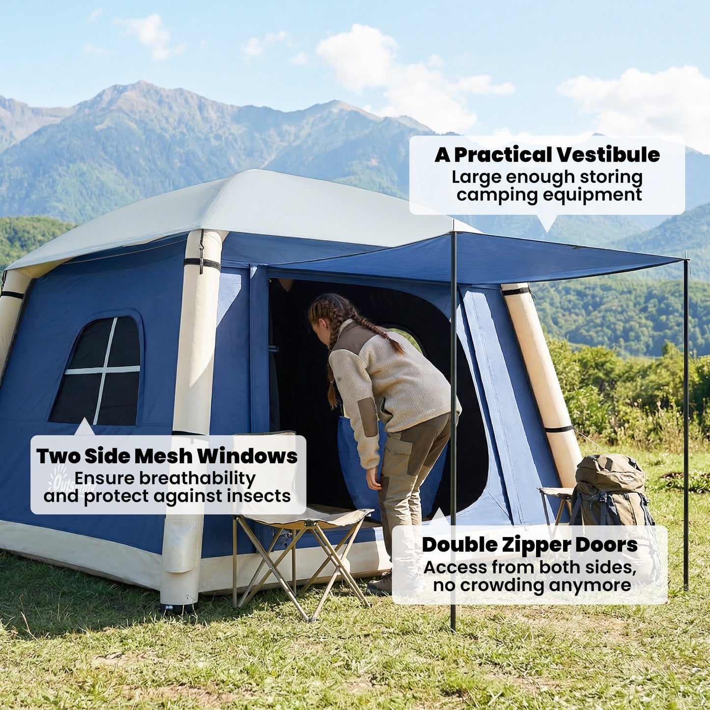 Inflatable Camping Tent w/ Hand Pump, Easy Setup 1/2 Person Blow Up Tent, Dark Blue