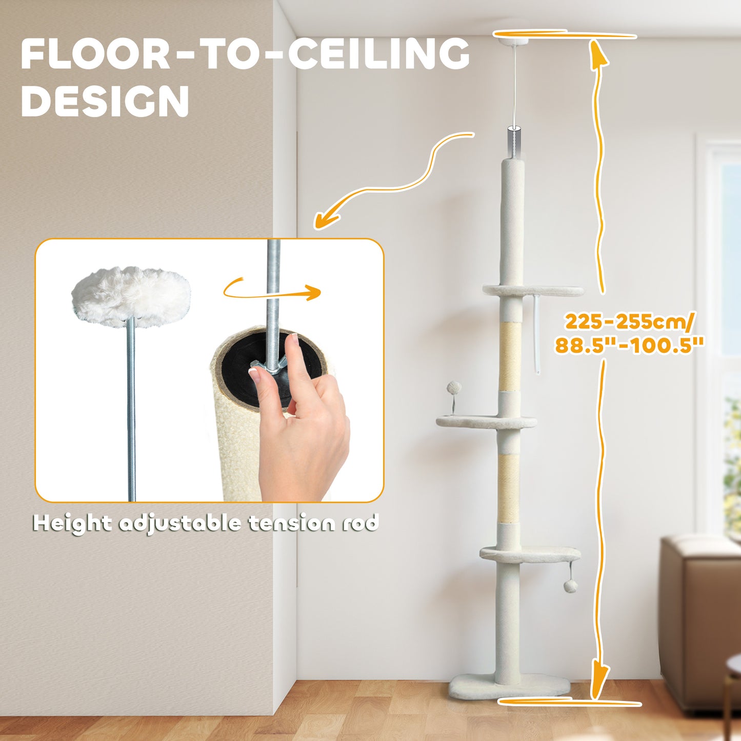 225-255 cm Adjustable Cat Climbing Tower with Sisal Scratching Posts, 2 Hanging Play Balls and Anti-Tip Strap, Beige