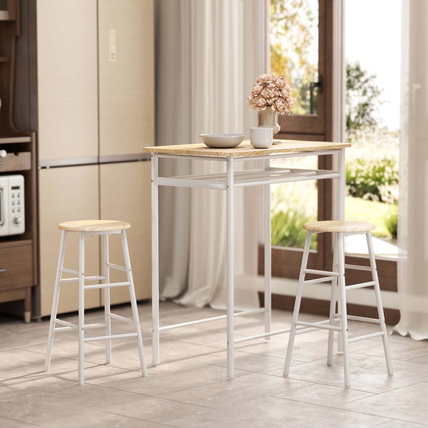 Bar Table Set, Bar Table and Stools Set, Footrest and Storage Shelf, for Kitchen, Dining Room, Pub, Cafe, White and Oak