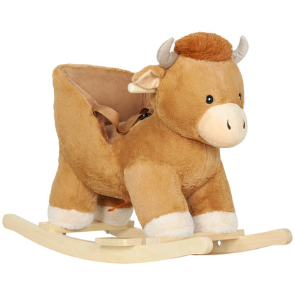 Baby Rocking Horse with Safety Belt, Wood Base, Animal Rocker for Children, Brown