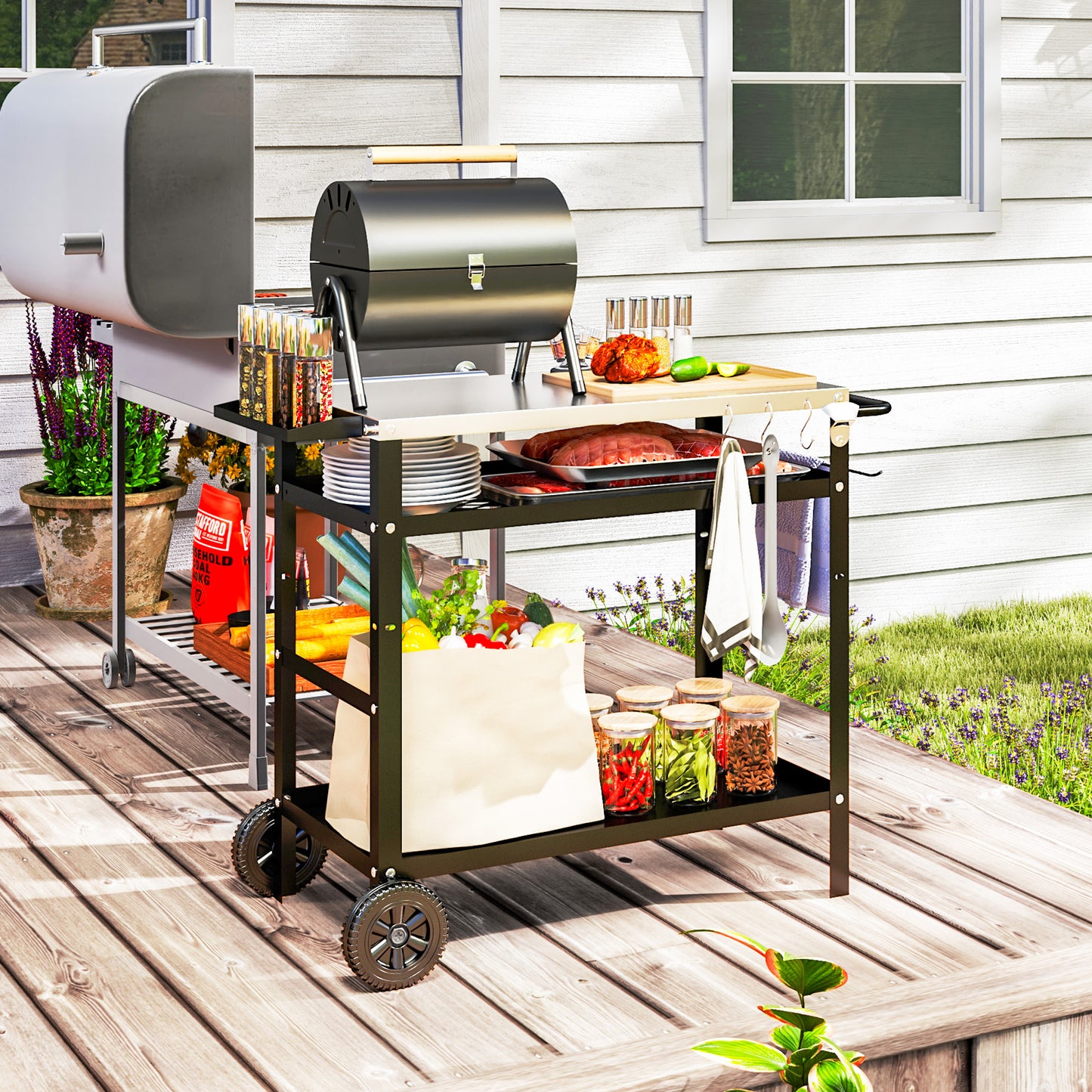 BBQ Trolley with Stainless Steel Top Adjustable Shelf, Outdoor Kitchen Barbecue Station with Hooks Seasoning Tray Towel Rack