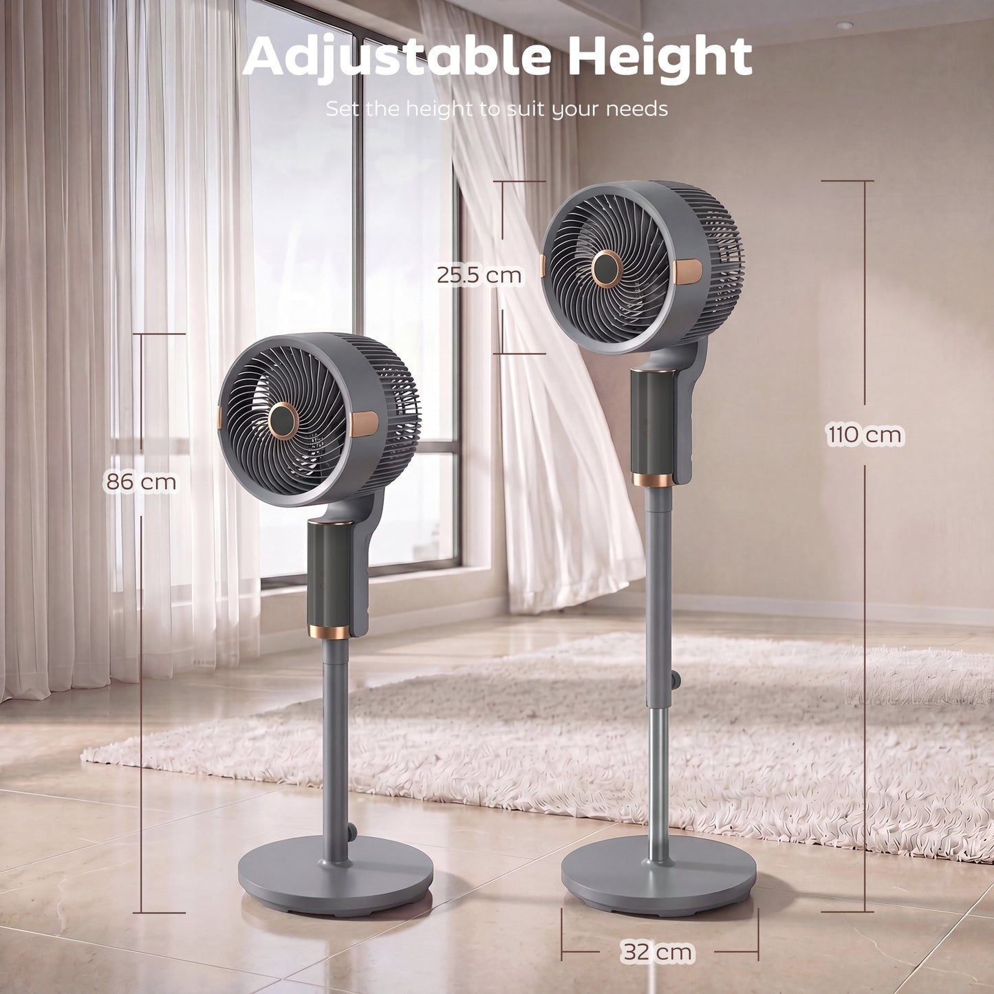 20 dB Silent Standing Fan for Bedroom, 44" Pedestal Fan with 90° Oscillating, 8 Speeds and LED Light, Grey