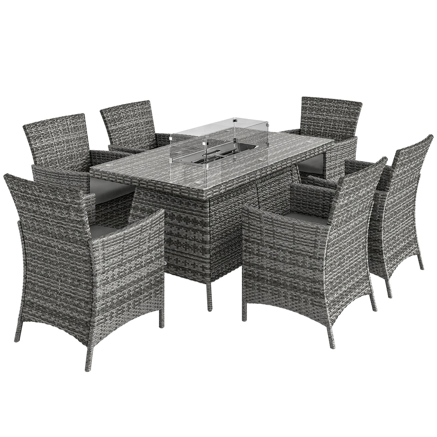 7 Pieces Outdoor Rattan Garden Furniture with Fire Pit Table, 6 Seater Garden Table and Chairs with Cushions