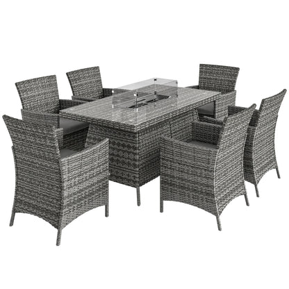 7 Pieces Outdoor Rattan Garden Furniture with Fire Pit Table, 6 Seater Garden Table and Chairs with Cushions