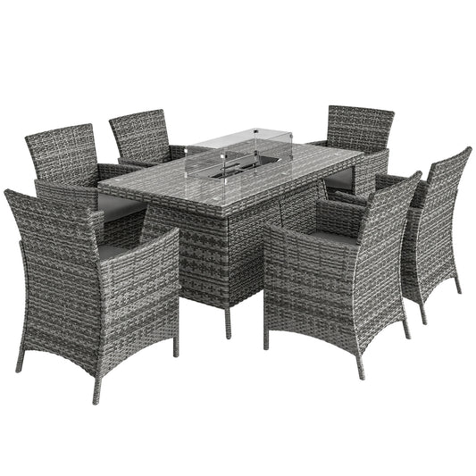7 Pieces Outdoor Rattan Garden Furniture with Fire Pit Table, 6 Seater Garden Table and Chairs with Cushions